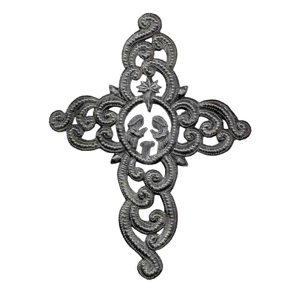 Metal Cross Wall Art, Ornate with Nativity Scene (9.5" x 12")