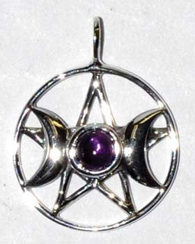 3/4" Triple Goddess Pentagram Amethyst sterling